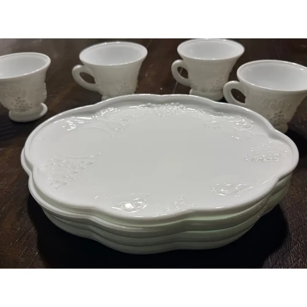 Set of 4 Vintage White Milk Glass Grapes & Vines Snack Plates Cups Snack Sets
